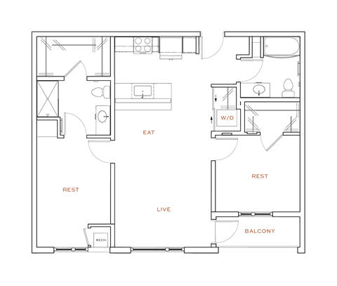A floor plan of an apartment with labeled rooms.